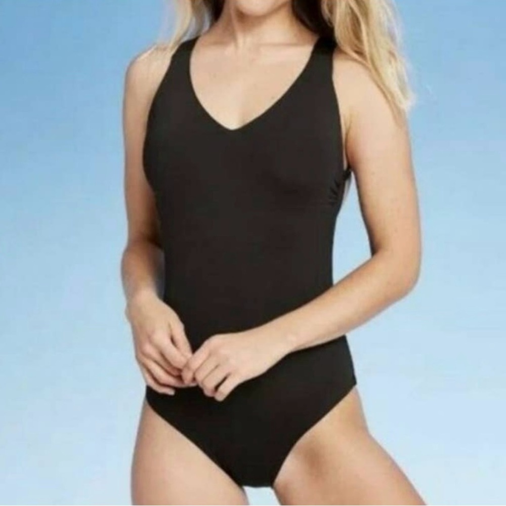 Sunn Lab Swim Black Strappy Back One Piece Swimsuit Plunge Neck Size Large